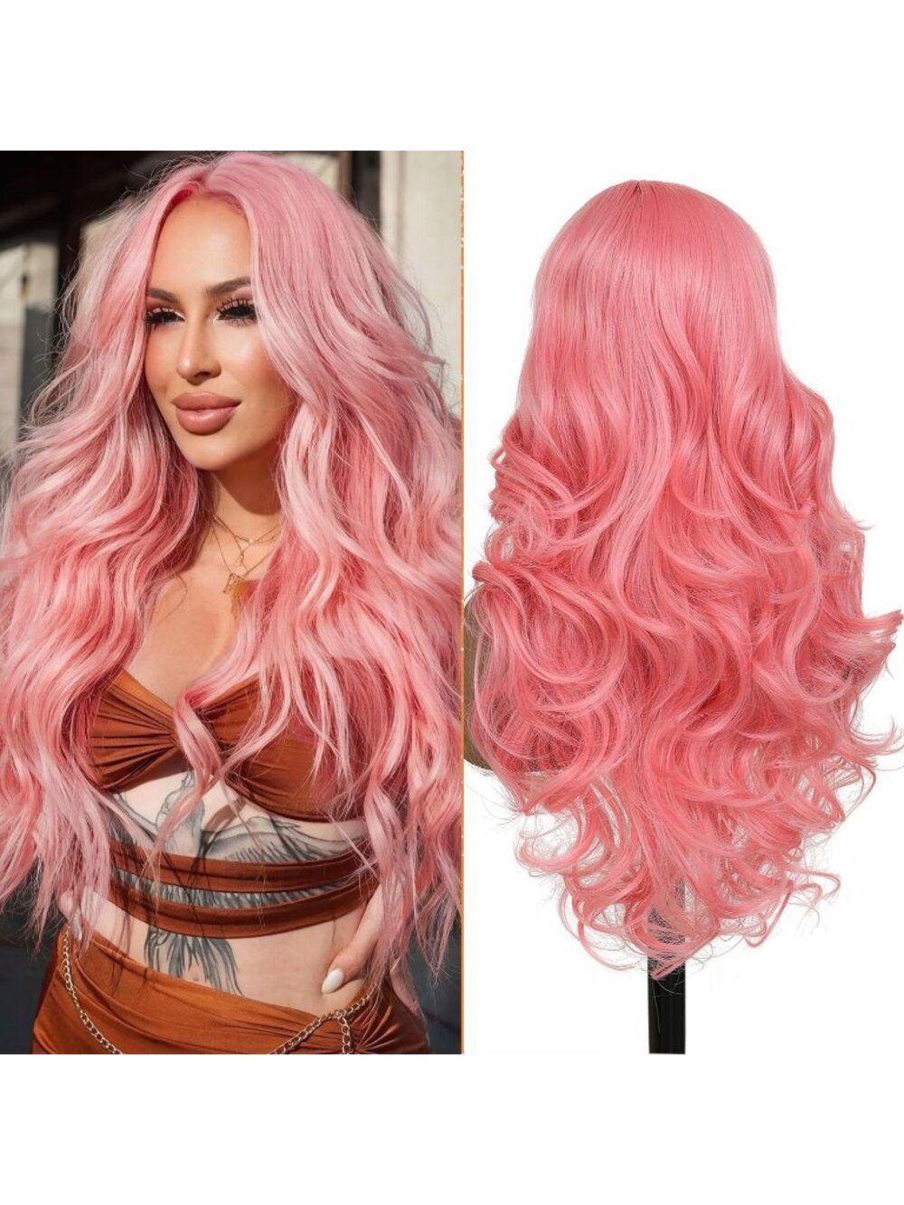 Women's Pink Heat Resistant Synthetic Layered Modern Long Wavy Wigs